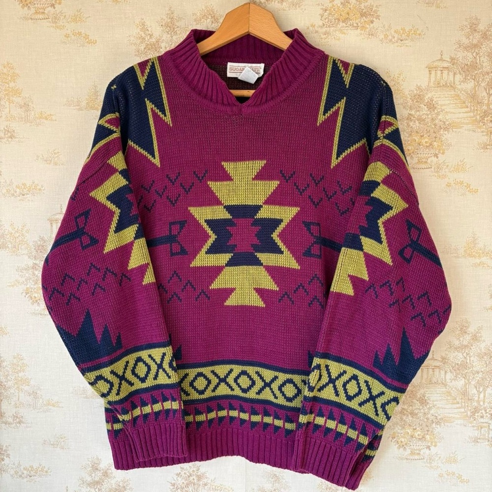 Vintage southwestern magenta pink aztec knit split neck pullover sweater L